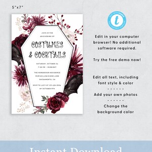 Op de afbeelding: Een printbare uitnodiging voor een Halloween-feest met een zwart-witte vleermuis, rode en witte bloemen en de tekst "Kostuums & Cocktails". De uitnodiging is 5 inch bij 7 inch en kan worden bewerkt in een webbrowser.