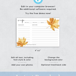 May include: Editable recipe template with a fall theme. The template has a white background with a brown and yellow watercolor leaf design. The template includes sections for ingredients, prep time, cook time, directions, and servings. The text "recipe" is written in a handwritten font at the top of the template. The template is 4 inches by 6 inches.