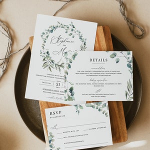 Boho Wedding Invitation Template, Eucalyptus Greenery Wedding Invitation Suite, Printable Wedding Invitation Set Download Templett, 007 image 8