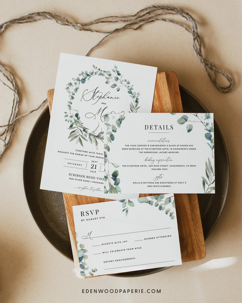 Boho Wedding Invitation Template, Eucalyptus Greenery Wedding Invitation Suite, Printable Wedding Invitation Set Download Templett, 007 image 8