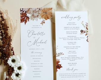 Fall Wedding Program Template, Autumn Wedding Ceremony Program Cards, Printable Wedding Programs, Instant Download, Templett, #028