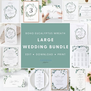 Boho Eucalyptus Wedding Template Bundle, Greenery Wedding Invitation Set, Printable Wedding Suite Download, Wedding Template Bundle, #007