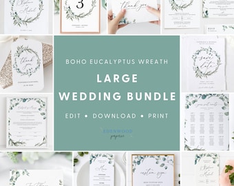 May include: A large wedding bundle featuring a boho eucalyptus wreath theme. The bundle includes a variety of printable items such as save the dates, invitations, table numbers, menus, and more. The text "BOHO EUCALYPTUS WREATH LARGE WEDDING BUNDLE EDIT DOWNLOAD PRINT" is displayed on a teal background.