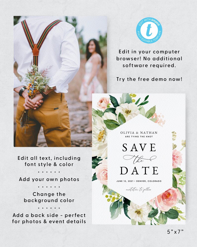 Blush Rose Wedding Save the Date Card Floral Save the Date image 3
