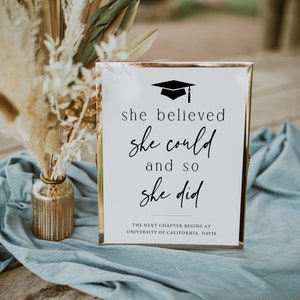 Op de afbeelding: Een ingelijst afstudeerbord met gouden rand, met de tekst "she believed she could and so she did" in zwart script. Een afstudeerhoed-afbeelding staat bovenaan. De onderste tekst luidt "THE NEXT CHAPTER BEGINS AT UNIVERSITY OF CALIFORNIA, DAVIS."