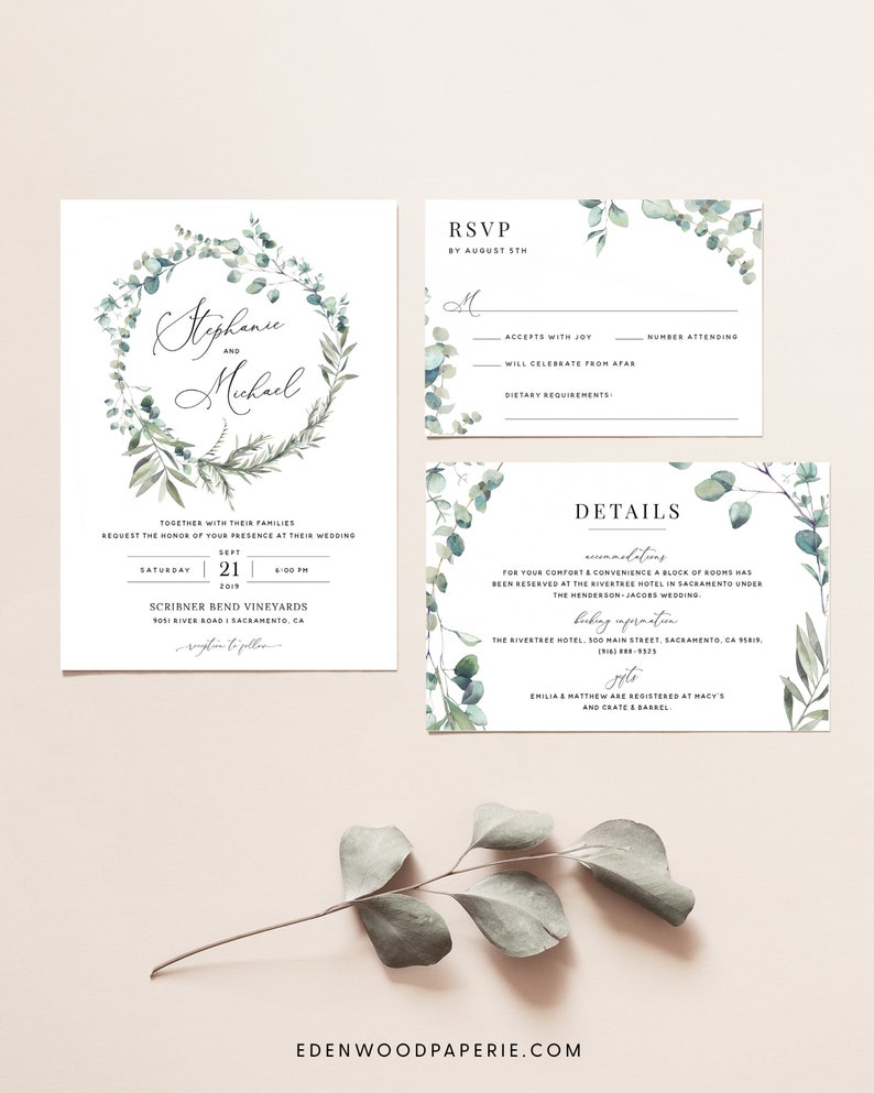 Boho Wedding Invitation Template, Eucalyptus Greenery Wedding Invitation Suite, Printable Wedding Invitation Set Download Templett, 007 image 1