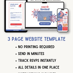 May include: A digital invitation template displayed on a tablet, laptop, and smartphone. The tablet shows an RSVP form with a watermelon graphic. The laptop displays a blue envelope with the text "you're invited." The smartphone shows a registry. Text reads "3 PAGE WEBSITE TEMPLATE."
