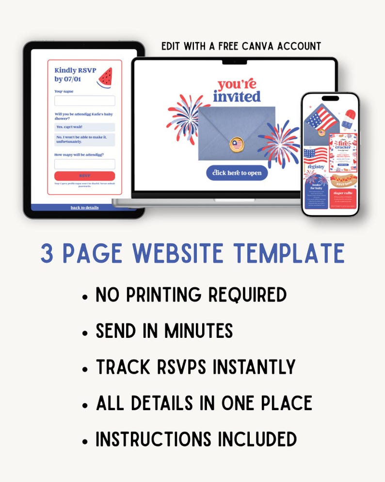 May include: A digital invitation template displayed on a tablet, laptop, and smartphone. The tablet shows an RSVP form with a watermelon graphic. The laptop displays a blue envelope with the text "you're invited." The smartphone shows a registry. Text reads "3 PAGE WEBSITE TEMPLATE."