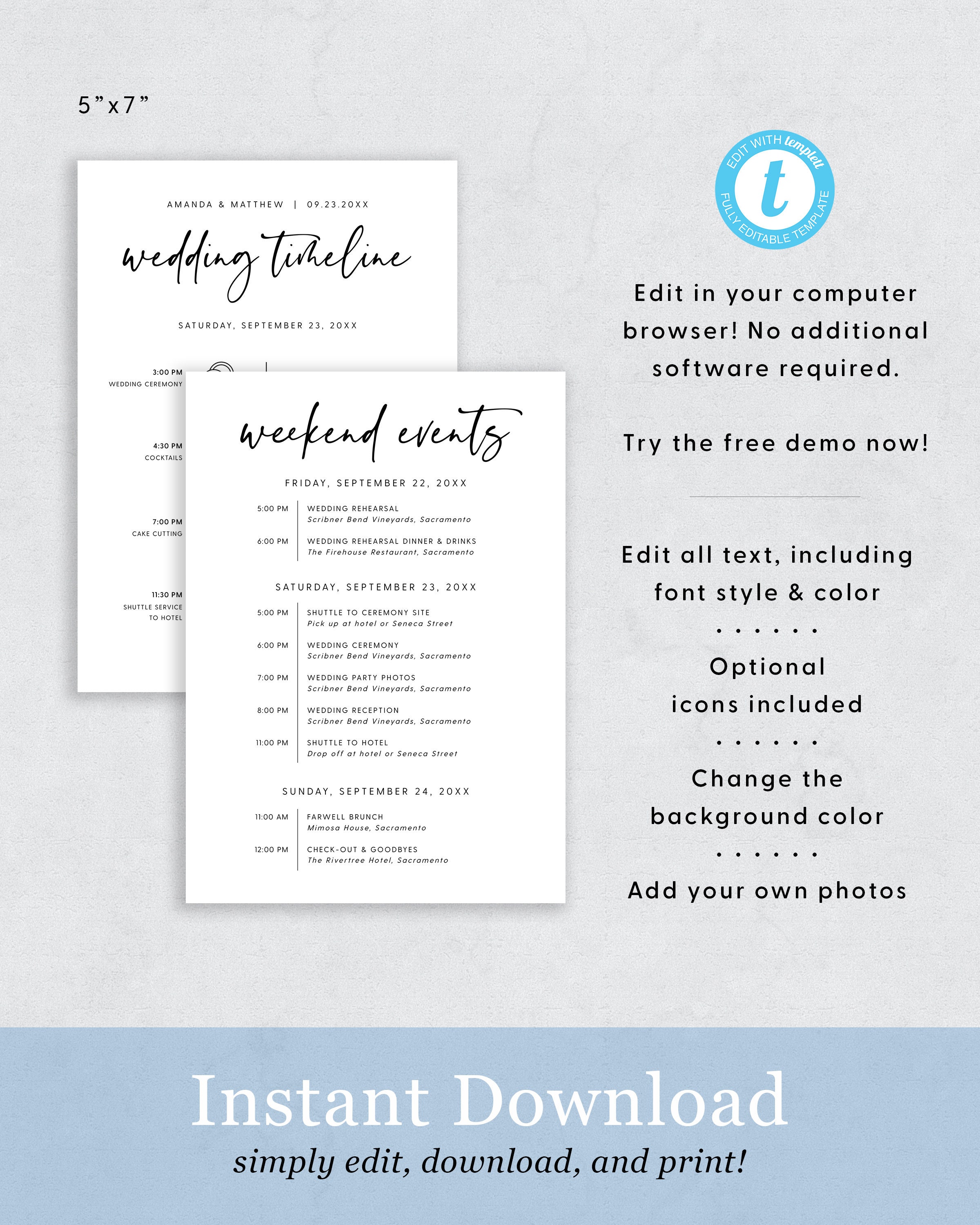 Wedding Day Timeline Template Wedding Welcome Weekend - Etsy