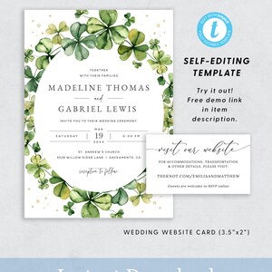 May include: A printable wedding invitation template with a watercolor shamrock design. The invitation features the names Madeline Thomas and Gabriel Lewis, the date March 19, 20XX, and the time 6:00 PM. The invitation also includes the location of the wedding ceremony, St. Andrew's Church, 3528 Willow Ridge Lane, Sacramento, CA. The invitation also includes the text "reception to follow".