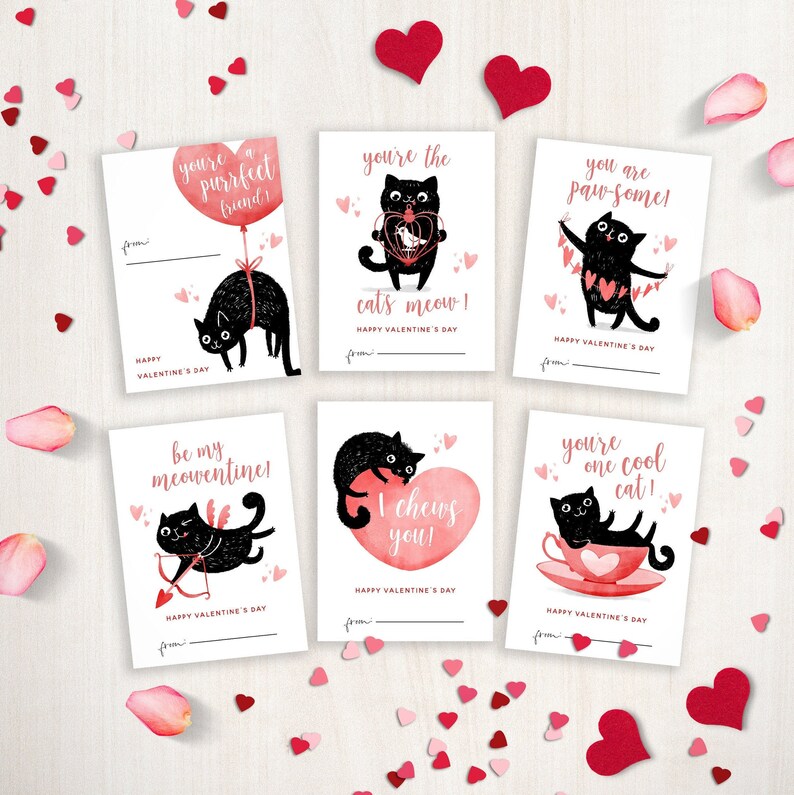 Printable Cat Valentine s Day Cards Classroom Etsy