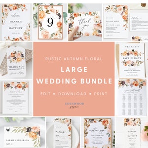 May include: A large wedding bundle with a rustic autumn floral theme. The bundle includes a welcome sign, table number, thank you card, save the date card, seating chart, menu, custom sign, and place card. The floral design features orange, peach, and burgundy flowers with greenery.