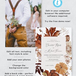 May include: Editable wedding invitation template with a watercolor design featuring fall leaves, flowers, and pumpkins. The invitation includes the names "Charlotte Roberts" and "Michael Freeman" and the date "Saturday, the Fourteenth of October, Two Thousand and Twenty-XXX, Five-Thirty in the Afternoon". The invitation also includes the location "The Old Sugar Mill, 33245 Willow Avenue, Clarksburg, CA".