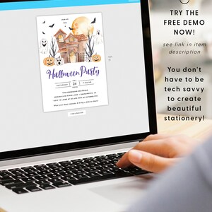 May include: A digital mockup of a Halloween party invitation with a watercolor illustration of a spooky house, ghosts, bats, and pumpkins. The text on the invitation reads "Halloween Party" and includes the date, time, and location of the party. The invitation is displayed on a laptop screen.