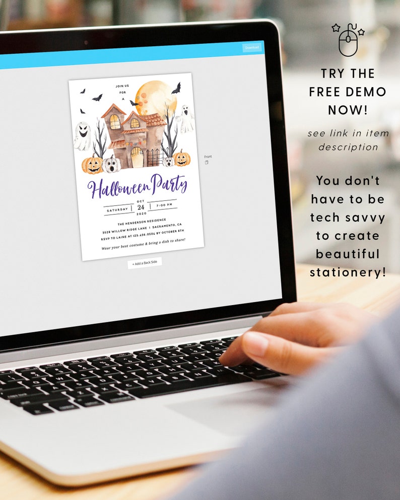 May include: A digital mockup of a Halloween party invitation with a watercolor illustration of a spooky house, ghosts, bats, and pumpkins. The text on the invitation reads "Halloween Party" and includes the date, time, and location of the party. The invitation is displayed on a laptop screen.