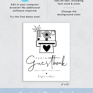 Photo Guestbook Sign, Wedding Photo Guestbook Sign Template, Printable Polaroid Guestbook Wedding Sign, Editable Wedding Sign, Templett image 2