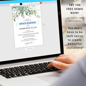 May include: A laptop computer screen displaying a wedding invitation template with a watercolor background of green leaves and the text "Grace Dawson & Harrison Ellis" in blue and white. The text "Try the Free Demo Now!" is displayed on the right side of the screen.