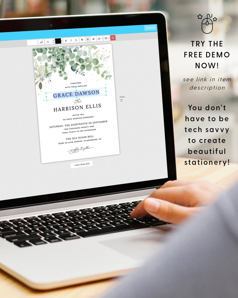 May include: A laptop computer screen displaying a wedding invitation template with a watercolor background of green leaves and the text "Grace Dawson & Harrison Ellis" in blue and white. The text "Try the Free Demo Now!" is displayed on the right side of the screen.