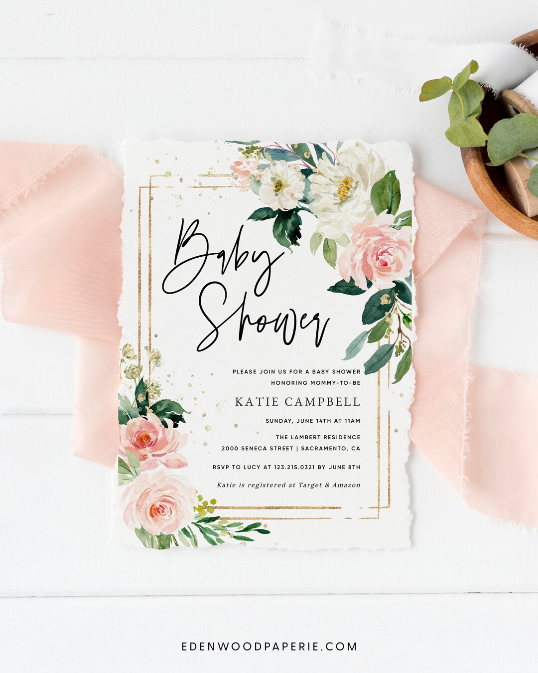Pink Baby Shower Invitation Template, Printable Baby Shower Announcement, Floral Baby Shower ...