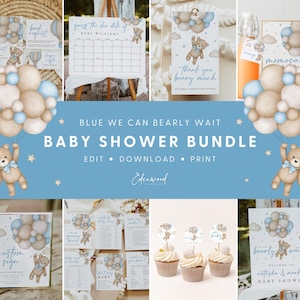 We Can Bearly Wait Baby Shower Invitation Bundle, Baby Boy Baby Shower Bundle, Blue Teddy Bear Baby Shower Bundle, Templett, #15BB