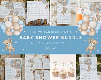 We Can Bearly Wait Baby Shower Invitation Bundle, Baby Boy Baby Shower Bundle, Blue Teddy Bear Baby Shower Bundle, Templett, #15BB