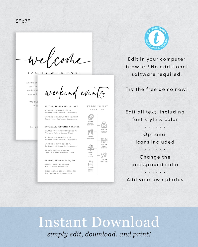 Wedding Welcome Bag Note & Timeline, Wedding Events Timeline Printable, Wedding Order of Events Template, Instant Download, Templett, #016 image 2