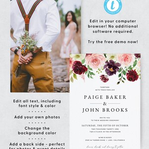 Burgundy and Blush Wedding Invitation Template, Floral Wedding Invitation Suite Download, Printable Burgundy Wedding Invitation Set, 004 image 3