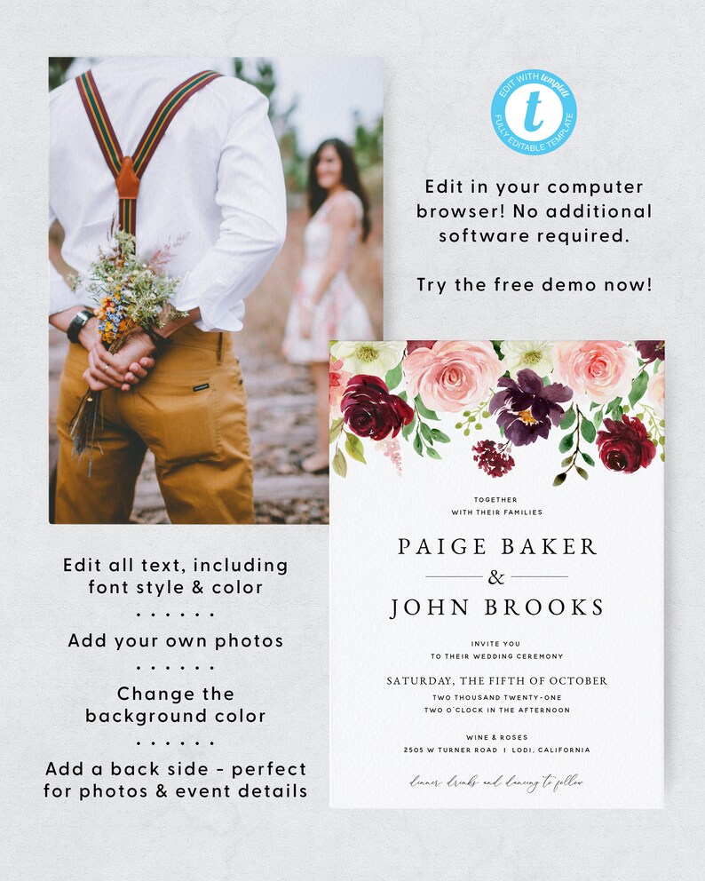 Burgundy and Blush Wedding Invitation Template, Floral Wedding Invitation Suite Download, Printable Burgundy Wedding Invitation Set, 004 image 3