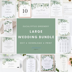 Eucalyptus Greenery Wedding Template Bundle, Boho Wedding Invitation Set, Printable Wedding Suite Download, Templett Wedding Set, #002