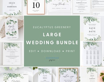 Eucalyptus Greenery Wedding Template Bundle, Boho Wedding Invitation Set, Printable Wedding Suite Download, Templett Wedding Set, #002