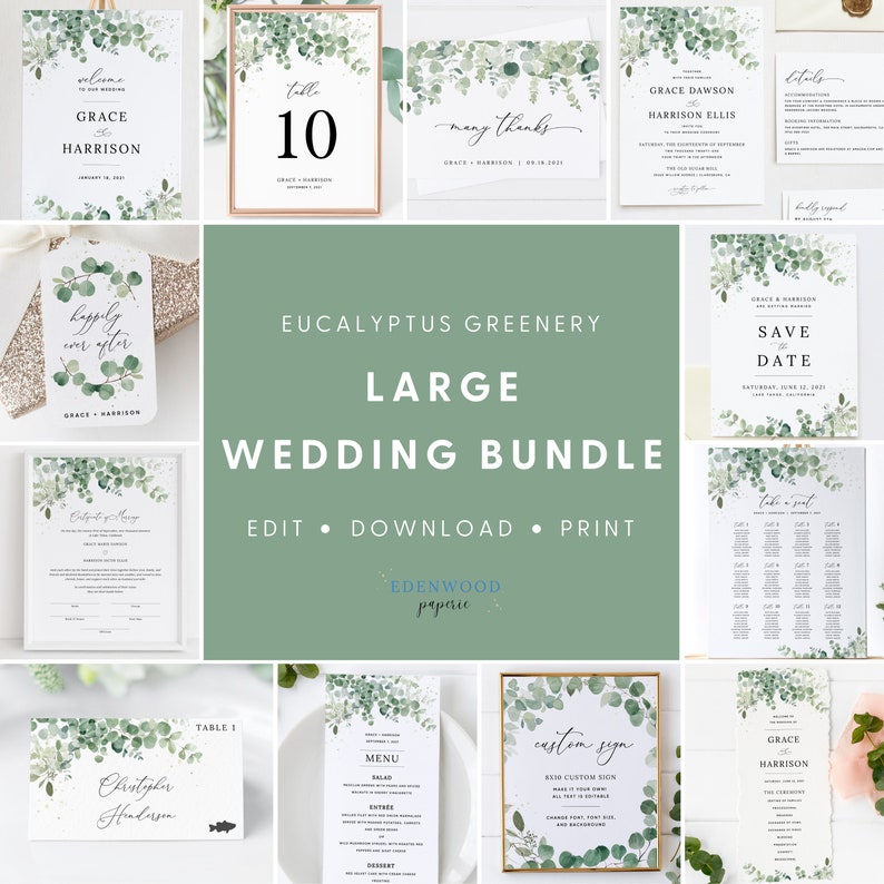 May include: A large wedding bundle featuring eucalyptus greenery and watercolor illustrations. The bundle includes a save the date card, wedding invitation, table number, menu, seating chart, and more. The text on the cards reads "Save the Date", "Grace & Harrison", "Table 10", "Many Thanks", "Happily Ever After", "Eucalyptus Greenery", "Large Wedding Bundle", "Edit Download Print", "Edenwood Paperie", and "Custom Sign".
