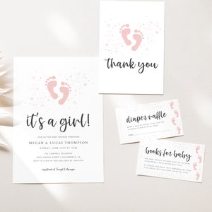 It&#39;s a Girl Baby Shower Invitation Template Suite, Printable Baby Girl Shower Invitation Bundle, Diaper Raffle & Book Request, Templett, #FP