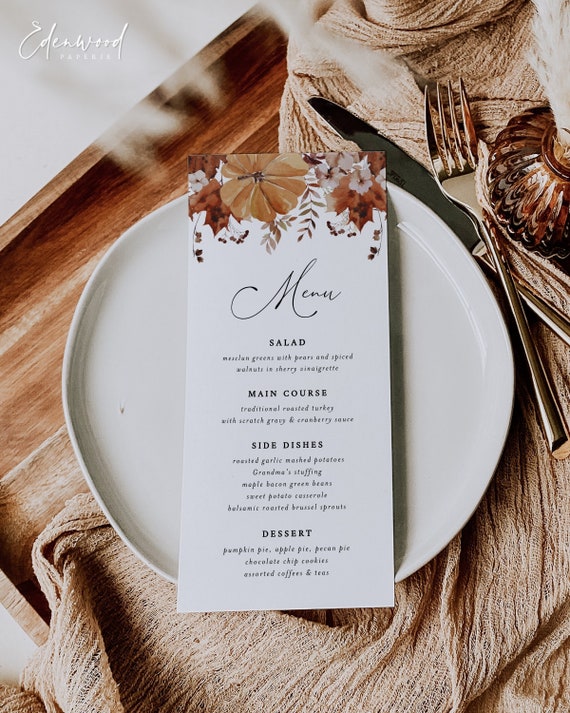 Thanksgiving Menu Template, Friendsgiving Menu Printable, Fall Pumpkin Thanksgiving Dinner Menu, Fall Menu, Instant Download, Templett, #TG4