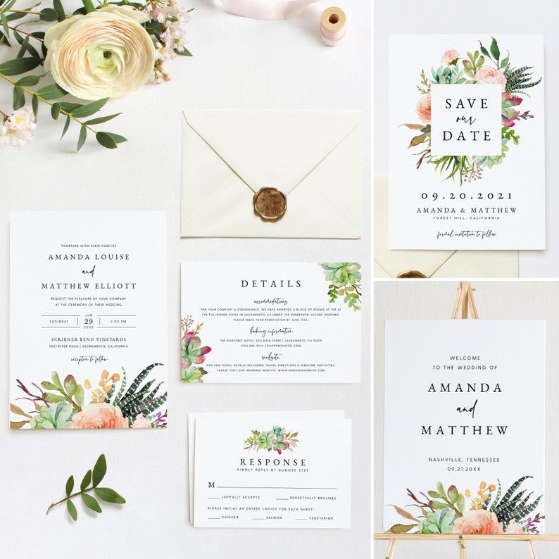 Succulent Wedding Invitation Template Bundle Desert Succulent - Etsy