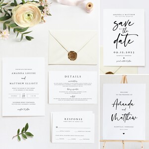 Puede incluir: Conjunto de invitaciones de boda con cartulina blanca y texto negro. La invitaci&oacute;n presenta los nombres Amanda Louise y Matthew Elliott, la fecha del s&aacute;bado 29 de junio de 2024 y la hora 5:00 PM. El lugar es Scribner Bend Vineyards, 800 River Road, Sacramento, California. La recepci&oacute;n que sigue tambi&eacute;n est&aacute; incluida. La tarjeta de detalles incluye informaci&oacute;n sobre alojamiento, estacionamiento y direcciones. La tarjeta de respuesta incluye informaci&oacute;n RSVP y opciones de comida. La tarjeta de guardar la fecha presenta los nombres Amanda y Matthew, la fecha 09.12.2023 y la ubicaci&oacute;n Nashville, Tennessee. El letrero de bienvenida presenta los nombres Amanda y Matthew, la ubicaci&oacute;n Nashville, Tennessee, y la fecha 09.12.2023.