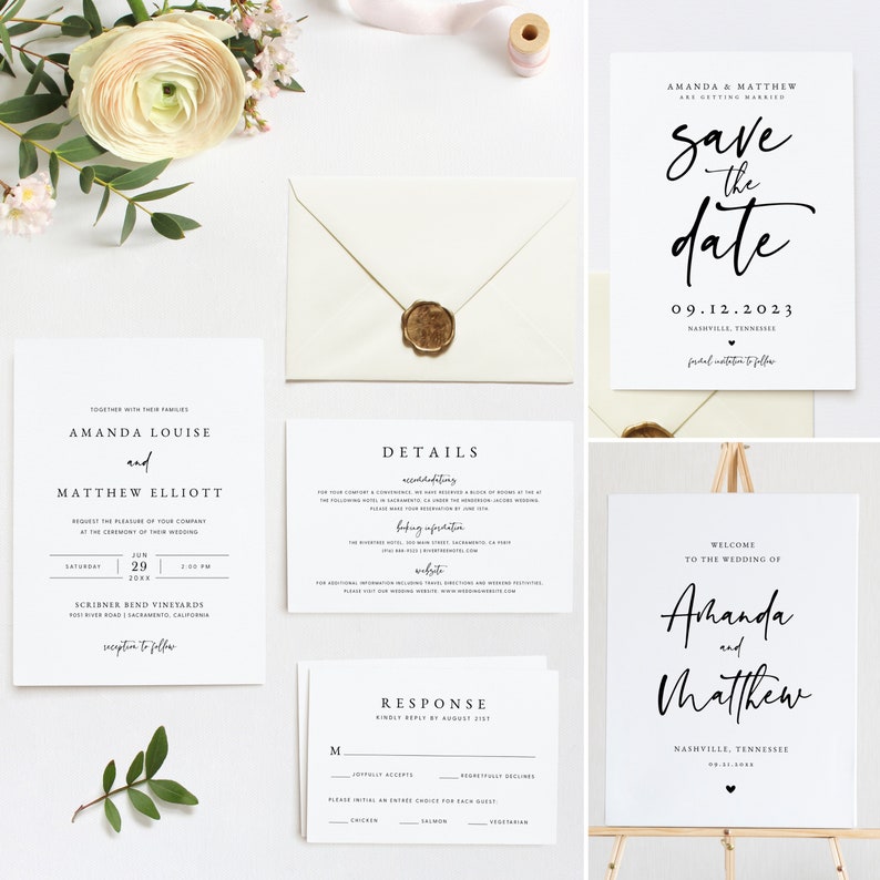 Puede incluir: Conjunto de invitaciones de boda con cartulina blanca y texto negro. La invitaci&oacute;n presenta los nombres Amanda Louise y Matthew Elliott, la fecha del s&aacute;bado 29 de junio de 2024 y la hora 5:00 PM. El lugar es Scribner Bend Vineyards, 800 River Road, Sacramento, California. La recepci&oacute;n que sigue tambi&eacute;n est&aacute; incluida. La tarjeta de detalles incluye informaci&oacute;n sobre alojamiento, estacionamiento y direcciones. La tarjeta de respuesta incluye informaci&oacute;n RSVP y opciones de comida. La tarjeta de guardar la fecha presenta los nombres Amanda y Matthew, la fecha 09.12.2023 y la ubicaci&oacute;n Nashville, Tennessee. El letrero de bienvenida presenta los nombres Amanda y Matthew, la ubicaci&oacute;n Nashville, Tennessee, y la fecha 09.12.2023.