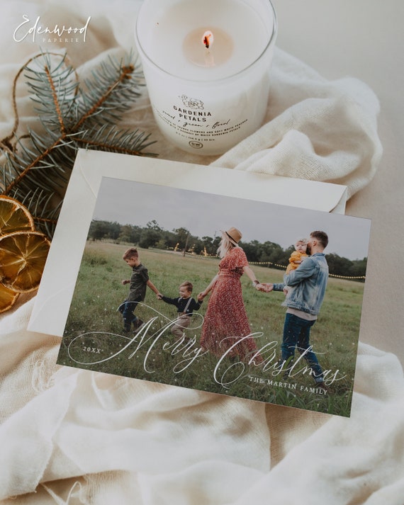 Photo Christmas Card Template, Merry Christmas Holiday Photo Card, Horizontal Minimalist Christmas Photo Card, Printable Christmas, Templett