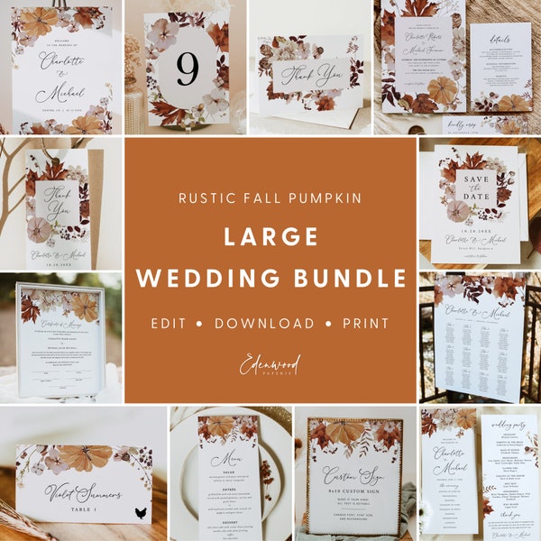 Fall Wedding Invitation Bundle, Rustic Wedding Signs Bundle, Printable Wedding Invitation Set, Wedding Sign Bundle Download, Templett, #028