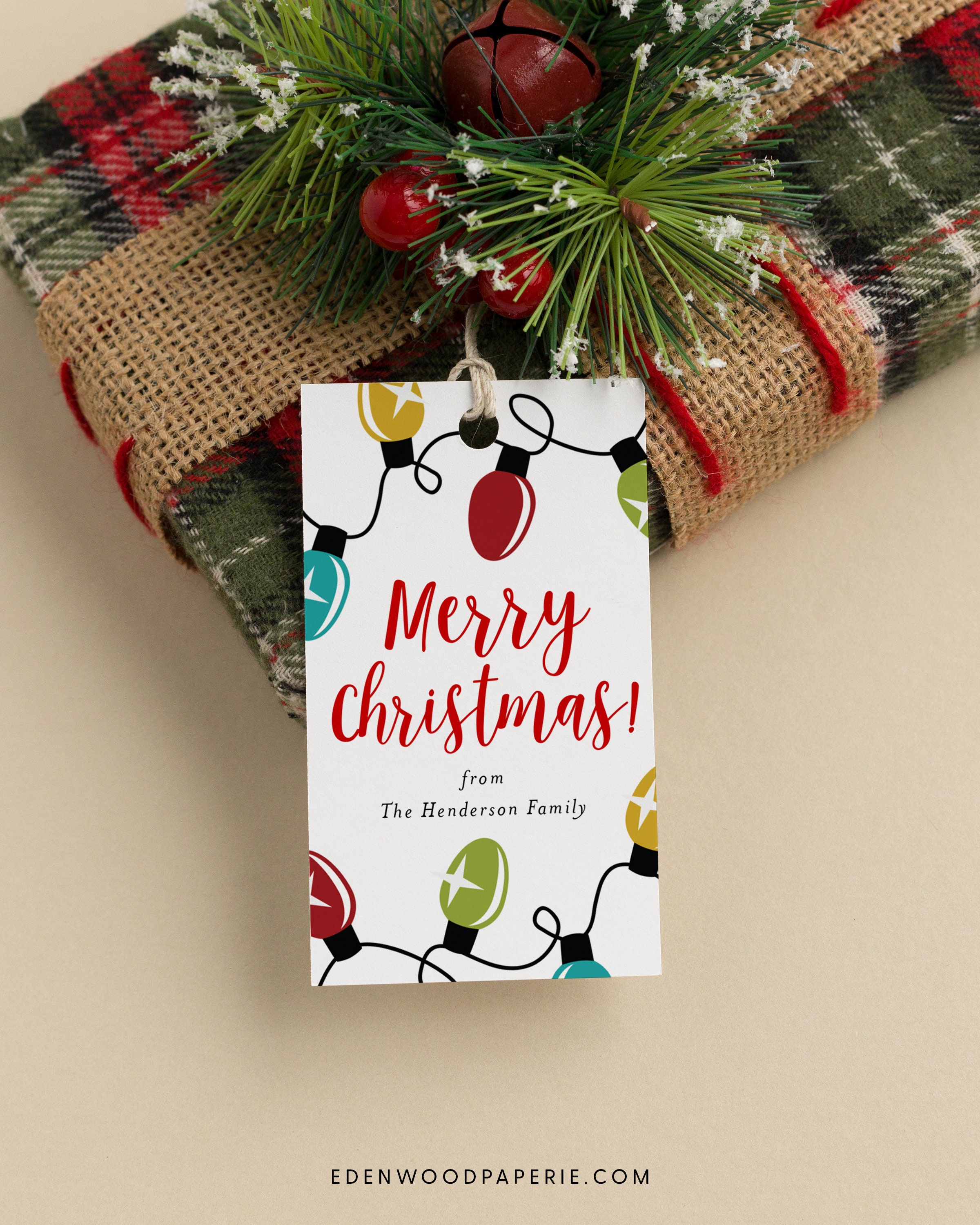 Christmas Gift Tag Printable, Merry Christmas Gift Tag, Holiday Party Favor Tag, Editable Christmas Lights Gift Tag Download, Templett