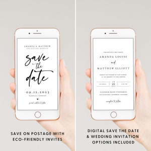 Puede incluir: Una invitaci&oacute;n digital de guardar la fecha y de boda para Amanda Louise y Matthew Elliott. La tarjeta de guardar la fecha presenta una escritura a mano en blanco y negro que dice "Save the Date" con la fecha 09.12.2023 y la ubicaci&oacute;n Nashville, Tennessee. La invitaci&oacute;n de boda presenta los nombres de la pareja, la fecha y la hora de la boda, y la ubicaci&oacute;n Scribner Bend Vineyards en Sacramento, California.