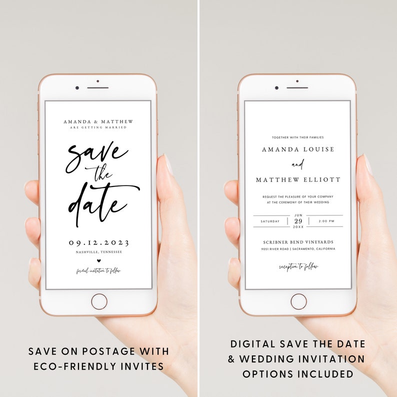 Puede incluir: Una invitaci&oacute;n digital de guardar la fecha y de boda para Amanda Louise y Matthew Elliott. La tarjeta de guardar la fecha presenta una escritura a mano en blanco y negro que dice "Save the Date" con la fecha 09.12.2023 y la ubicaci&oacute;n Nashville, Tennessee. La invitaci&oacute;n de boda presenta los nombres de la pareja, la fecha y la hora de la boda, y la ubicaci&oacute;n Scribner Bend Vineyards en Sacramento, California.
