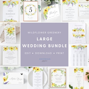 Wildflower Wedding Invitation Template Bundle, Rustic Wedding Invitation Set, Printable Wedding Suite Download, Templett Wedding Set, 014 image 1