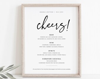 Wedding Bar Menu, Minimalist Bar Menu Sign Template, Wedding Drink Menu Sign, Editable Alcohol Menu Sign, Instant Download, Templett, #016