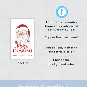 May include: A printable digital card featuring a watercolor illustration of Santa Claus with his finger to his lips, saying "Merry Christmas" in red script. The card is 2 inches by 3.5 inches and is fully editable in a web browser.