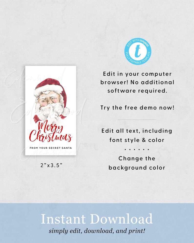 May include: A printable digital card featuring a watercolor illustration of Santa Claus with his finger to his lips, saying "Merry Christmas" in red script. The card is 2 inches by 3.5 inches and is fully editable in a web browser.