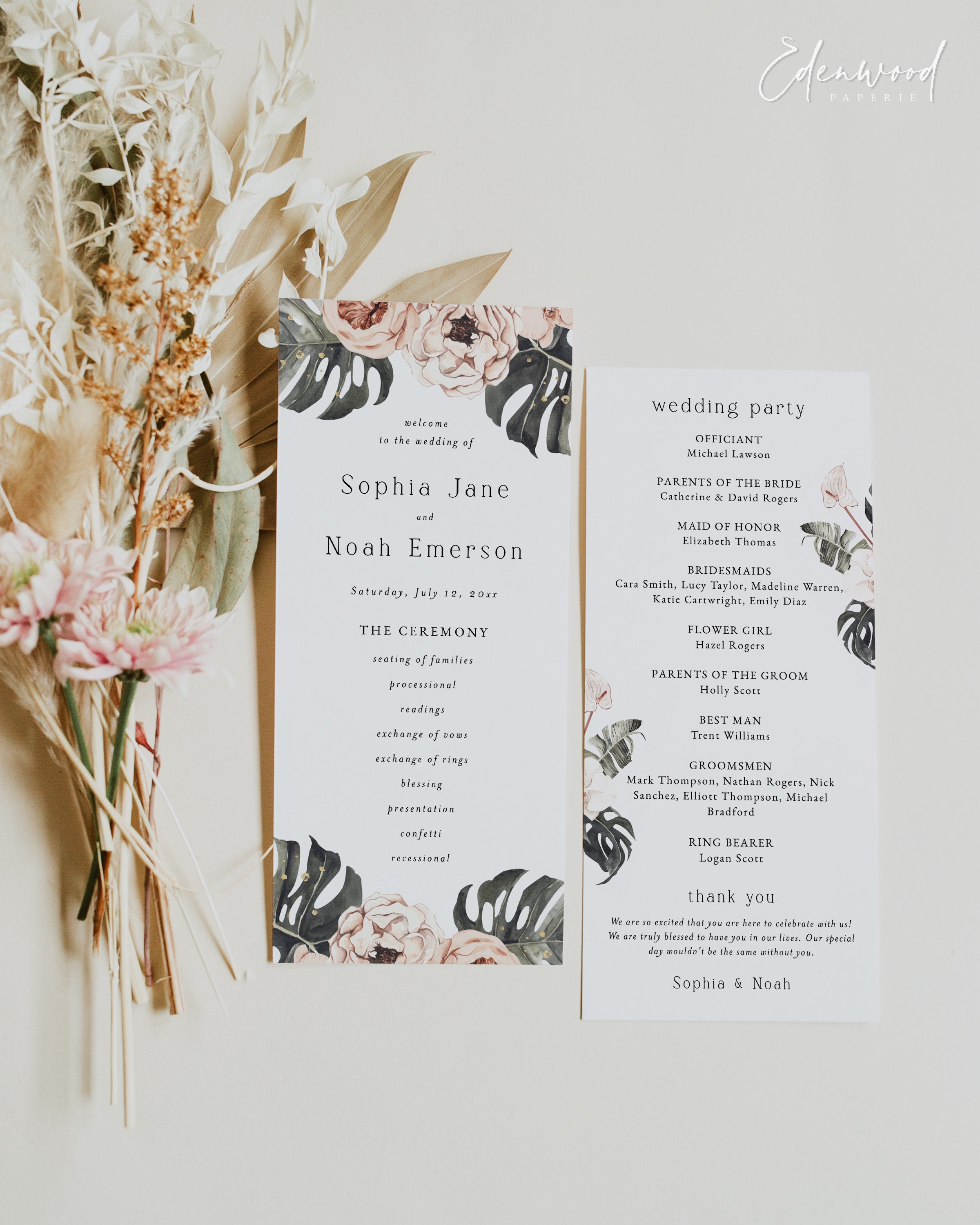 Boho Wedding Program Template, Tropical Wedding Ceremony Program Cards ...
