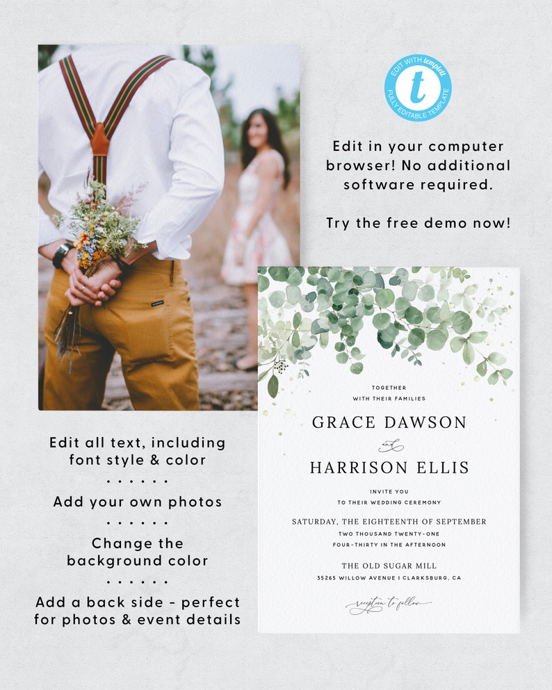 Eucalyptus Wedding Invitation Template, Greenery Wedding Printable Invitation Set, Bohemian Wedding Invitation Suite Instant Download, 002 image 3