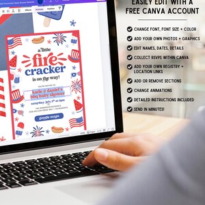 May include: A laptop screen displays a baby shower invitation design with a red, white, and blue color scheme. The invitation features the text "a little firecracker is on the way!" and details for the event. The screen also shows editing options.