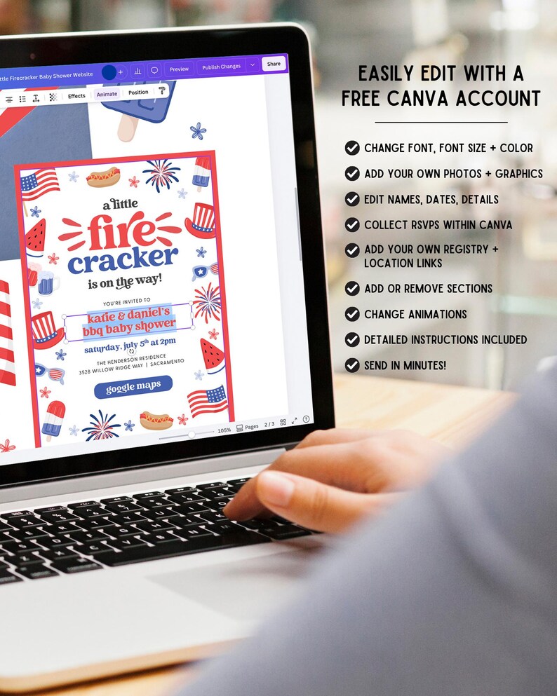 May include: A laptop screen displays a baby shower invitation design with a red, white, and blue color scheme. The invitation features the text "a little firecracker is on the way!" and details for the event. The screen also shows editing options.