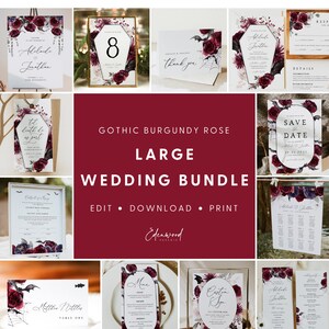 Pu&ograve; includere: Un grande pacchetto di cancelleria da matrimonio stampabile a tema rosa gotica borgogna. Il pacchetto include una carta di salvataggio della data, una carta di numero del tavolo, un invito di nozze, una carta di menu e un piano di posti a sedere. Il design presenta pipistrelli, rose e una bara.